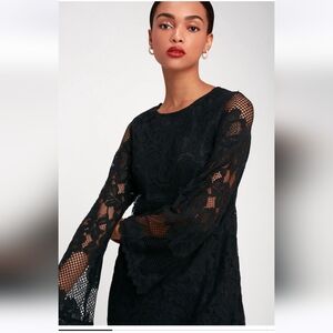 Lulus Can't Forget You Black Lace Bell Sleeve Shift Dress